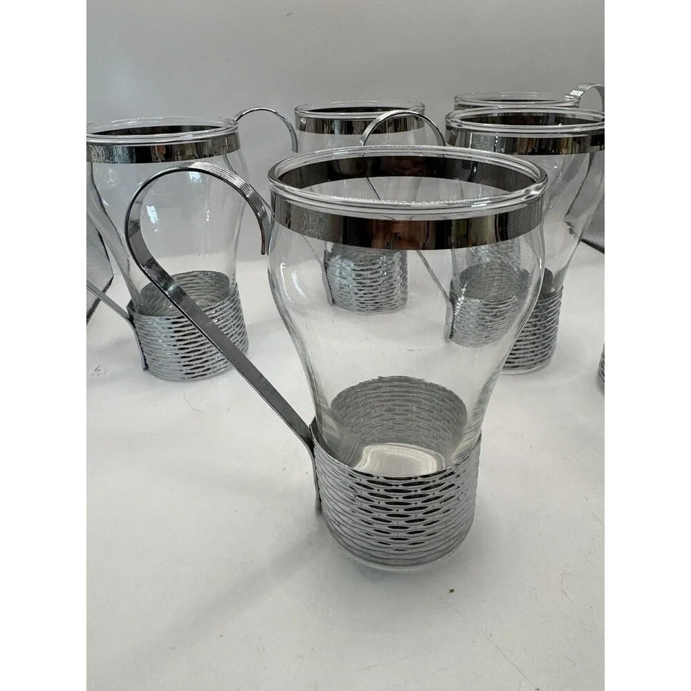 Vintage Mid Century Federal Glass Soda Fountain Glasses Metal Holders And Handle